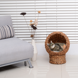 PawHut Wicker Cat House with Raised Cylindrical Base and Removable Cushion – Water Hyacinth Cat Bed