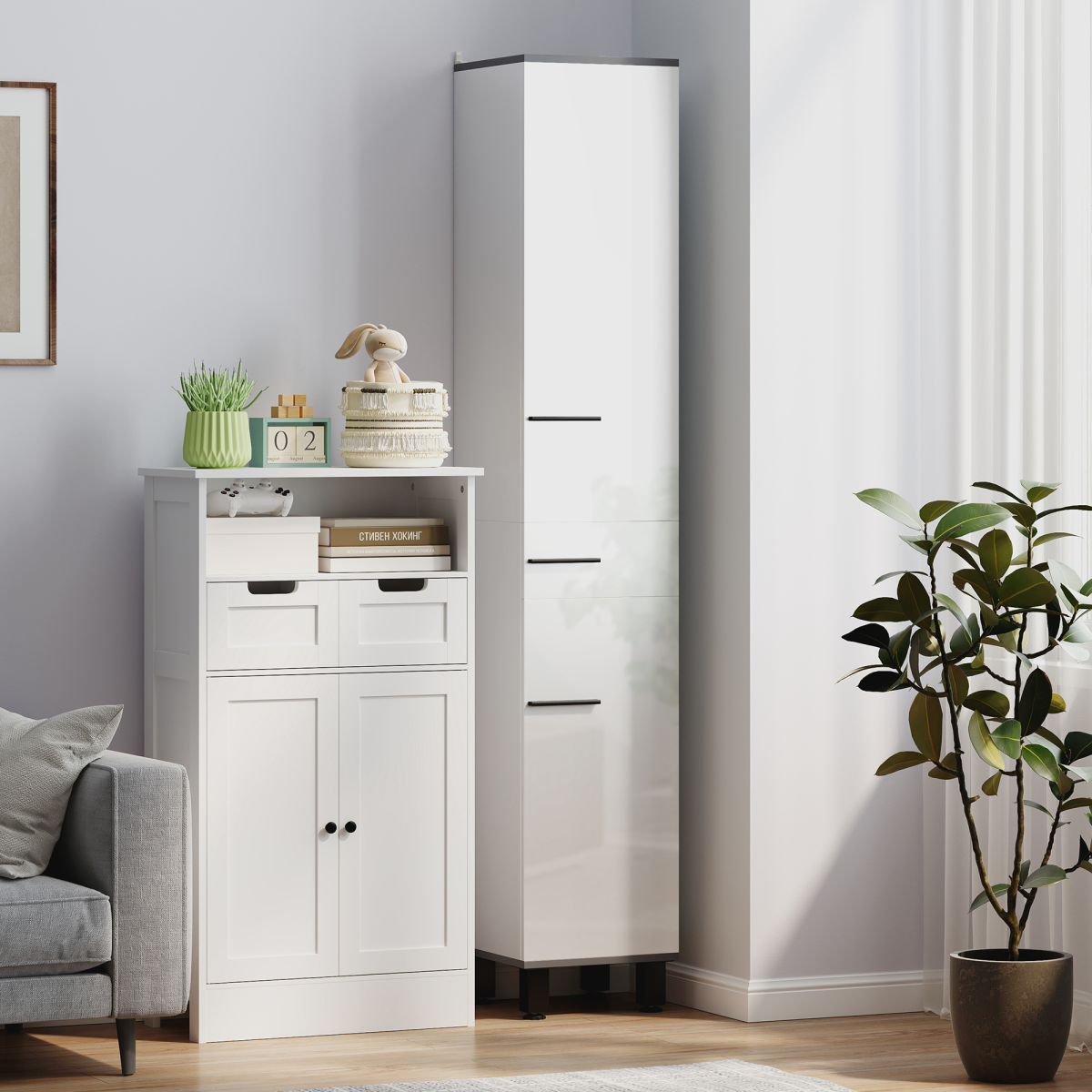 HOMCOM Tall Slim Bathroom Cabinet with Double Doors, Drawer & Adjustable Shelves – White and Black