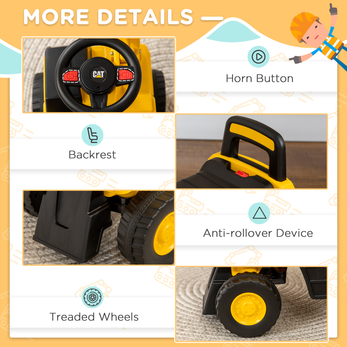 HOMCOM CAT Licensed Kids Ride-On Digger with Controllable Shovel and Under-Seat Storage – For 1-3 Years