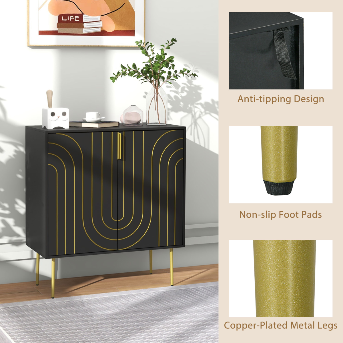 HOMCOM Art Deco Storage Cabinet with Gold Embossed Doors & Adjustable Shelf – Freestanding, Black