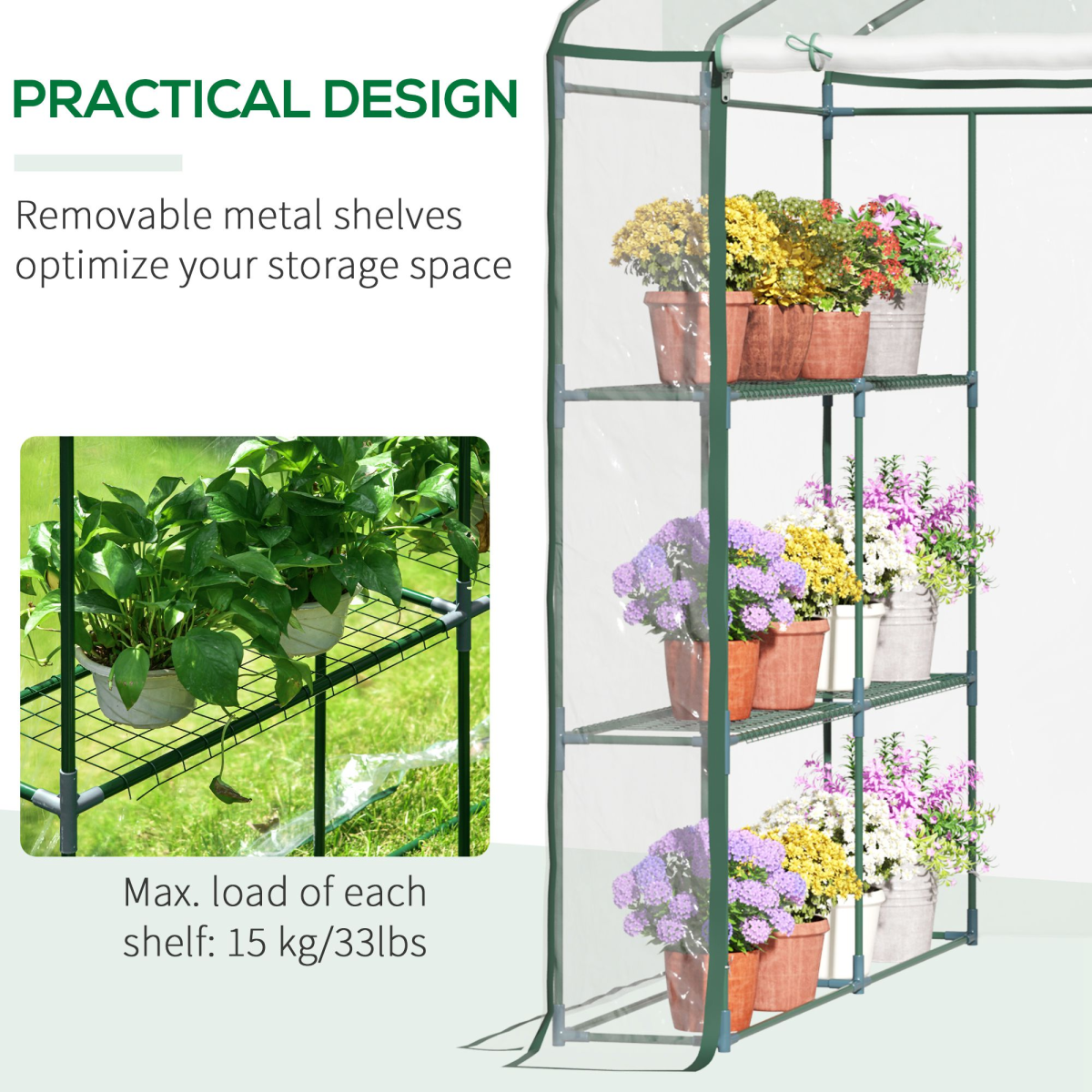 Outsunny Steel Frame Greenhouse with 2 Shelves & 8 Grid Rack – Zippered Roll-Up Door, Clear PVC Cover