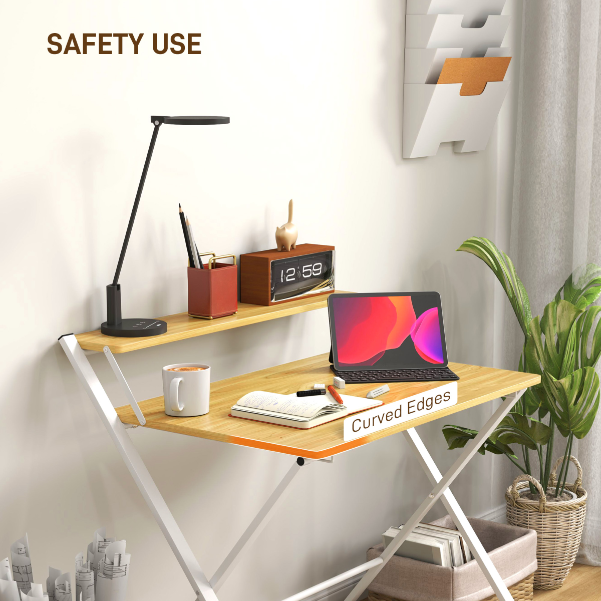 HOMCOM Folding Desk with 2-Tier Shelf – Space-Saving Home Office Computer Table, Maple Wood-Effect