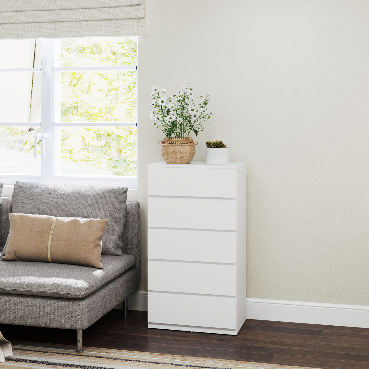 HOMCOM 5 Drawer Bedroom Chest of Drawers with Smooth Metal Runners – Tall Storage Unit, White