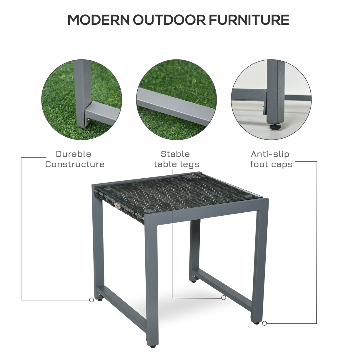 Outsunny Rattan Side Table with Tempered Glass Top & Aluminium Frame – Outdoor Patio Coffee Table, Grey