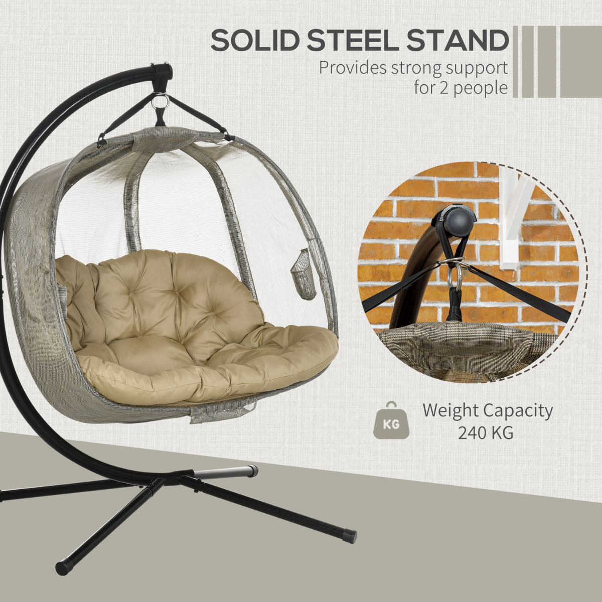 Outsunny Double Hanging Egg Chair with Cushion and Stand – 2-Seater Garden Swing Hammock, Brown