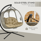 Outsunny Double Hanging Egg Chair with Cushion and Stand – 2-Seater Garden Swing Hammock, Brown