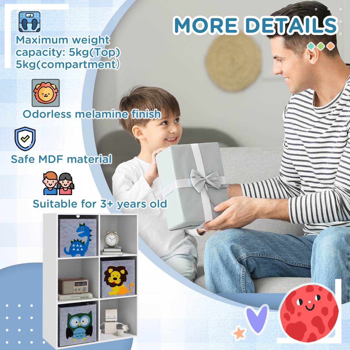 ZONEKIZ Toy Organiser with 6 Storage Cubes & 3 Non-Woven Fabric Drawers – Kids Bedroom Storage Unit, White