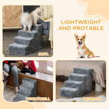 PawHut Portable Dog Stairs with Washable Plush Cover – Pet Steps for High Beds and Sofas, Light Grey
