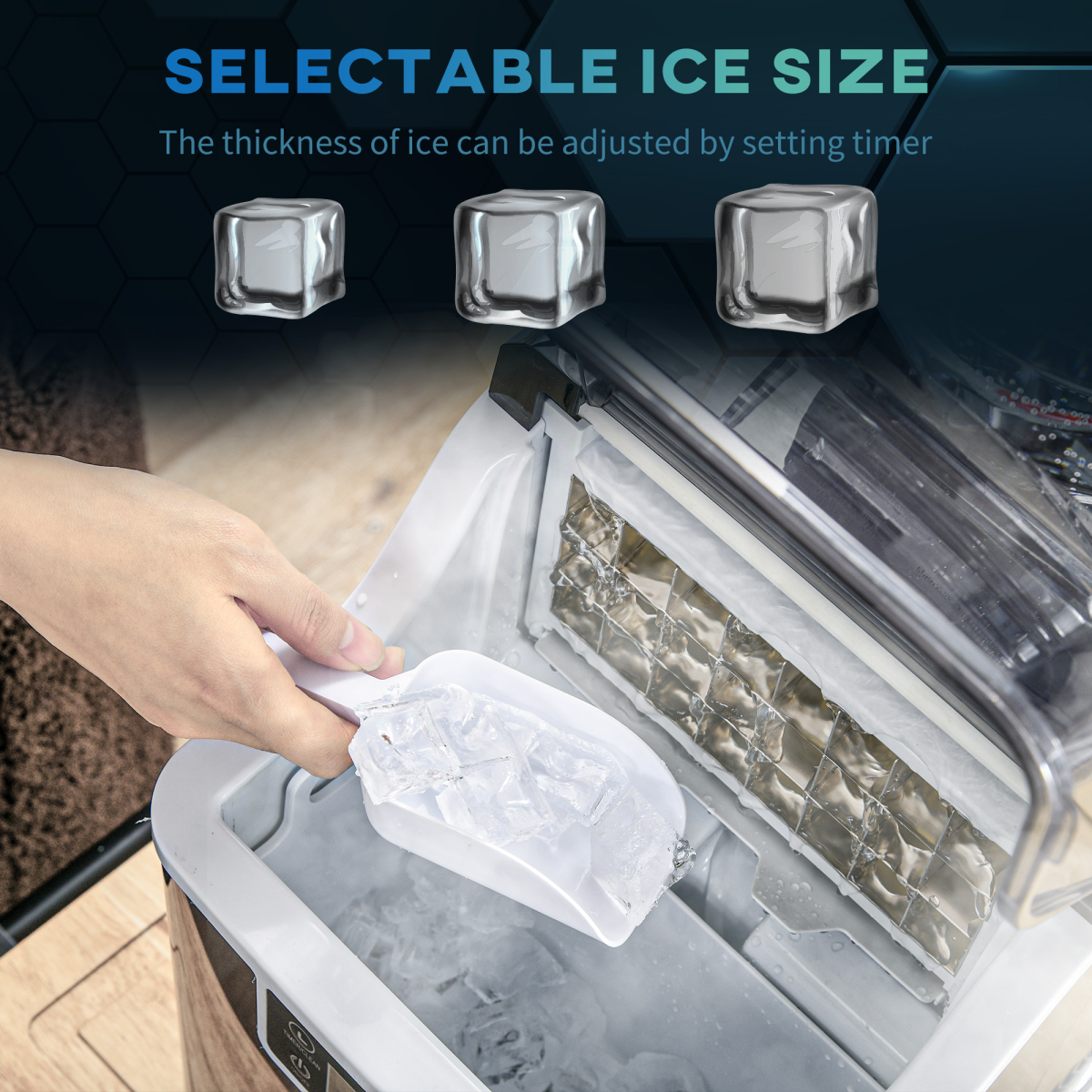 HOMCOM Counter Top Ice Maker Machine with Adjustable Cube Size and Scoop – 20kg Per Day, Black