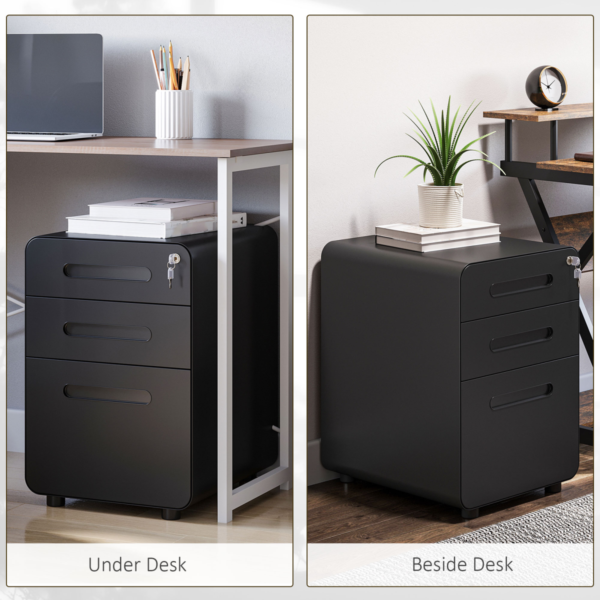 Vinsetto 3-Drawer Steel Filing Cabinet with 4 Wheels, Lockable – Under-Desk Office Storage, Black