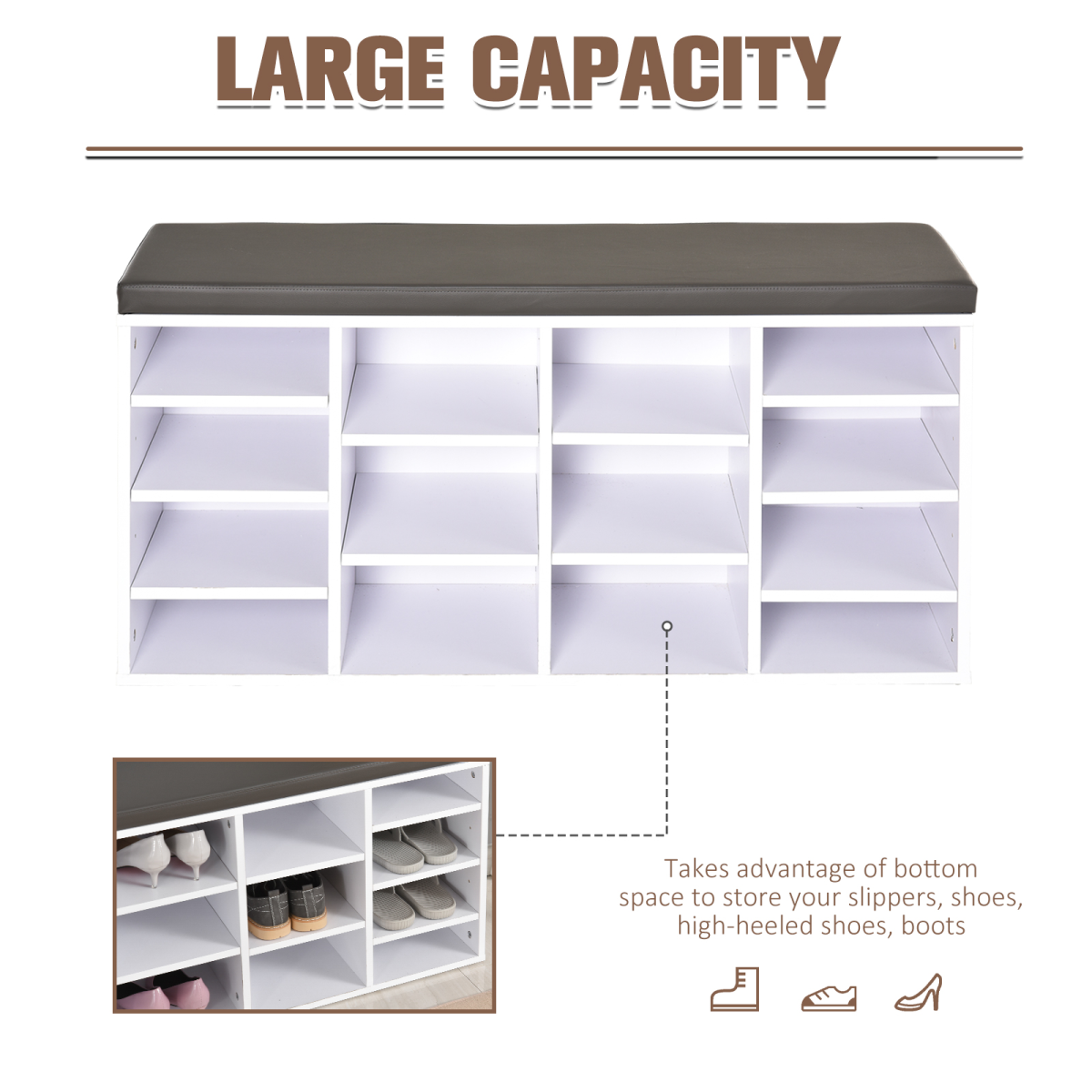 HOMCOM PU Leather 14-Compartment Shoe Storage Bench with Padded Seat – Hallway Seating, Brown/White
