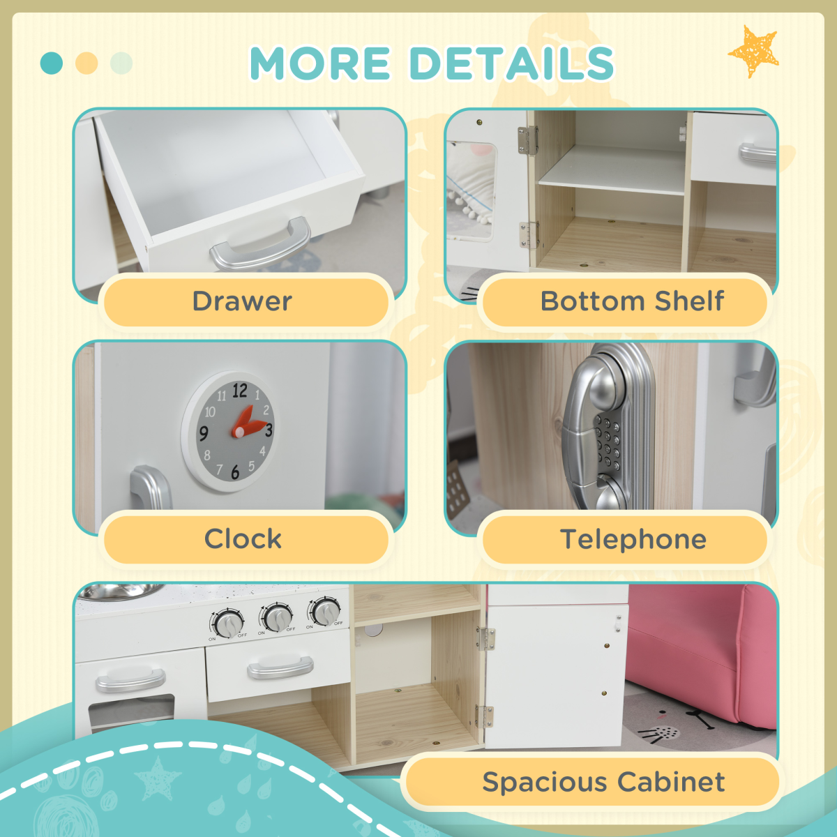 HOMCOM Luxury Kids Kitchen Playset with Accessories, Sink, Cooker & Water Dispenser – Role Play, White