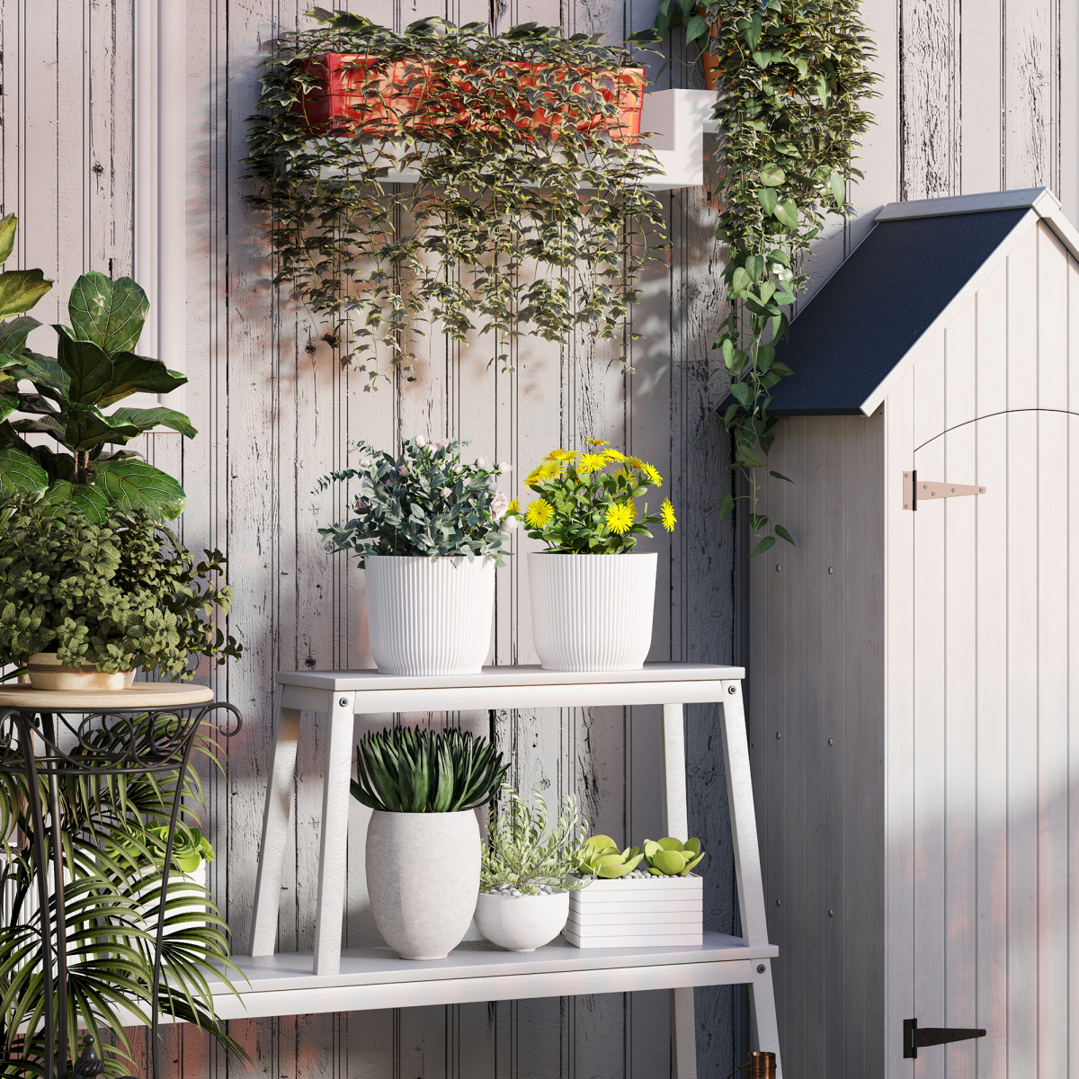 Outsunny Set of 2 Round Plant Pots Outdoor 22cm for Garden, White