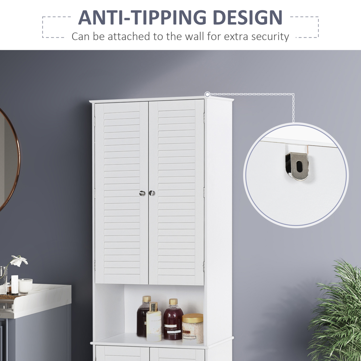 HOMCOM 183cm Tall Slim Bathroom Cabinet with Retro Shutter Doors and 3 Compartments – White