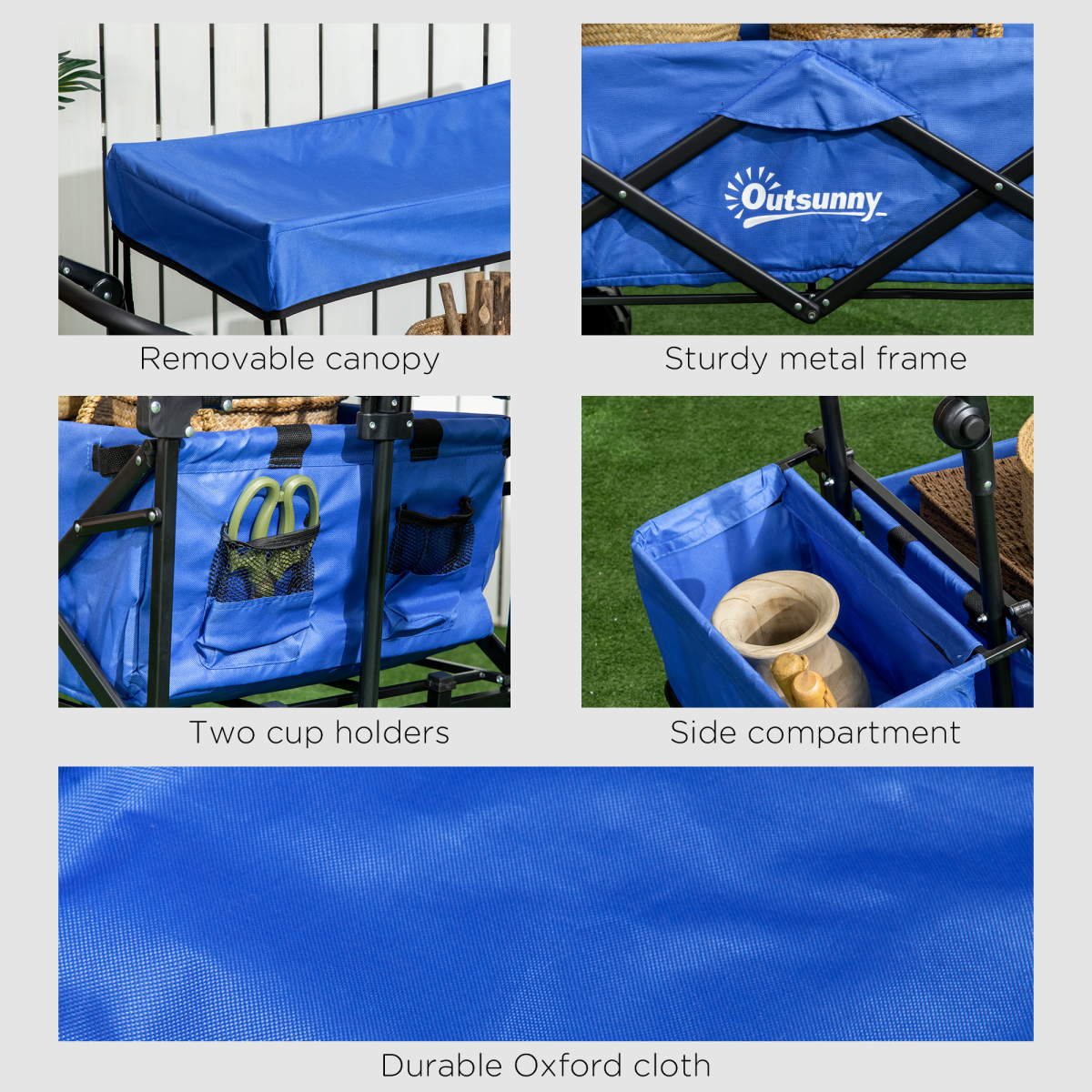 Outsunny Folding Trolley Cart with 4 Wheels, 2 Compartments, Canopy & Telescopic Handle – Garden Storage Wagon, Blue