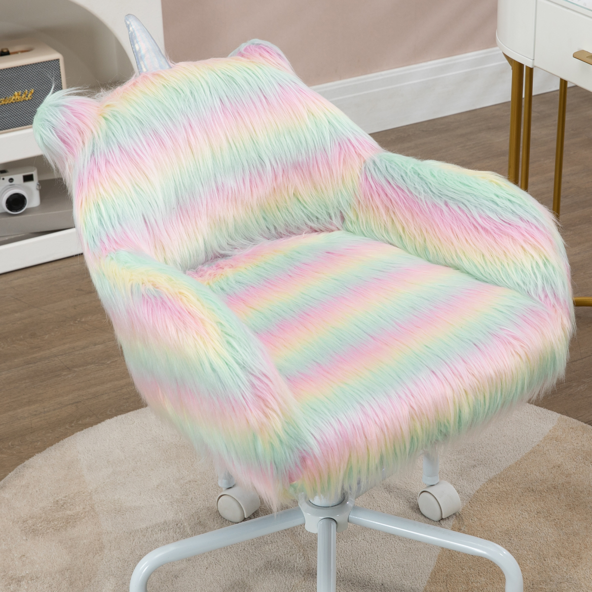 Vinsetto Fluffy Faux Fur Unicorn Desk Chair with Armrests – Padded Swivel Chair for Bedrooms & Playrooms