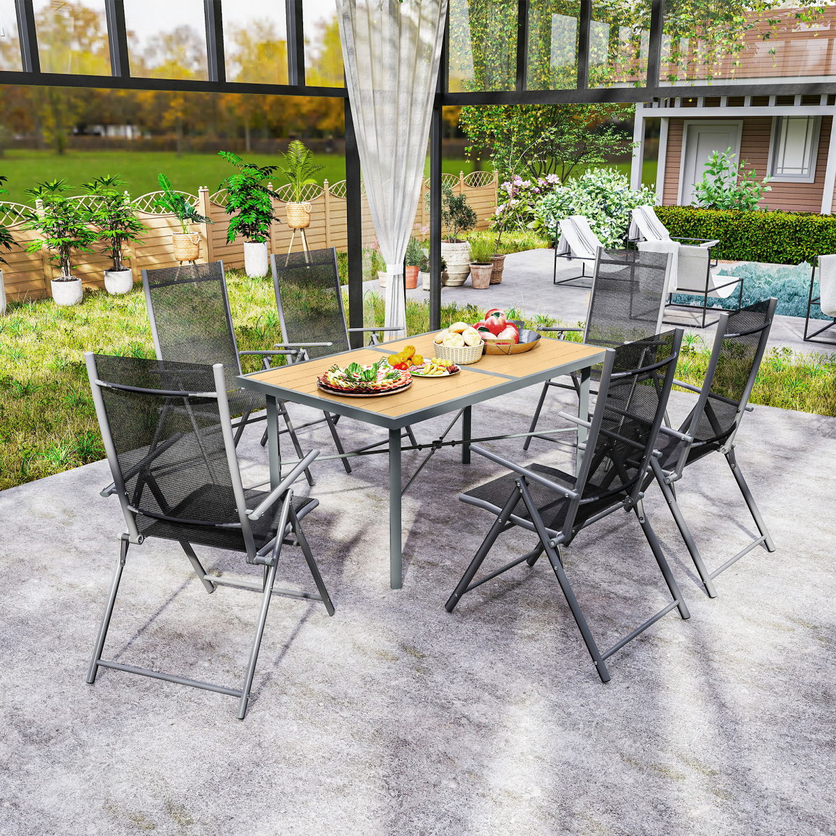 Outsunny Garden Table for 6 with Wood-Effect Galvanised Steel Top & 5cm Umbrella Hole – Outdoor Dining, Grey