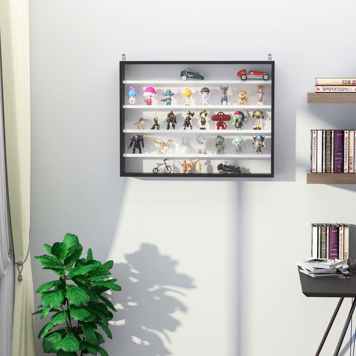 HOMCOM 5-Tier Wall Display Cabinet with Glass Doors & Adjustable Shelves – Collectibles Storage, Black/White