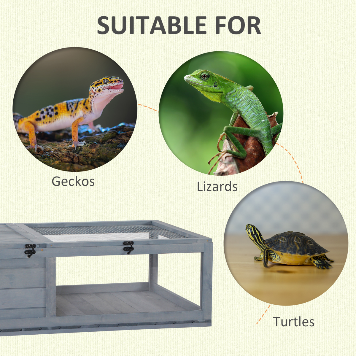 PawHut Wooden Tortoise House with Mesh Roof, Two-Room Reptile Habitat & Pull-Out Run – Grey