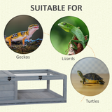 PawHut Wooden Tortoise House with Mesh Roof, Two-Room Reptile Habitat & Pull-Out Run – Grey