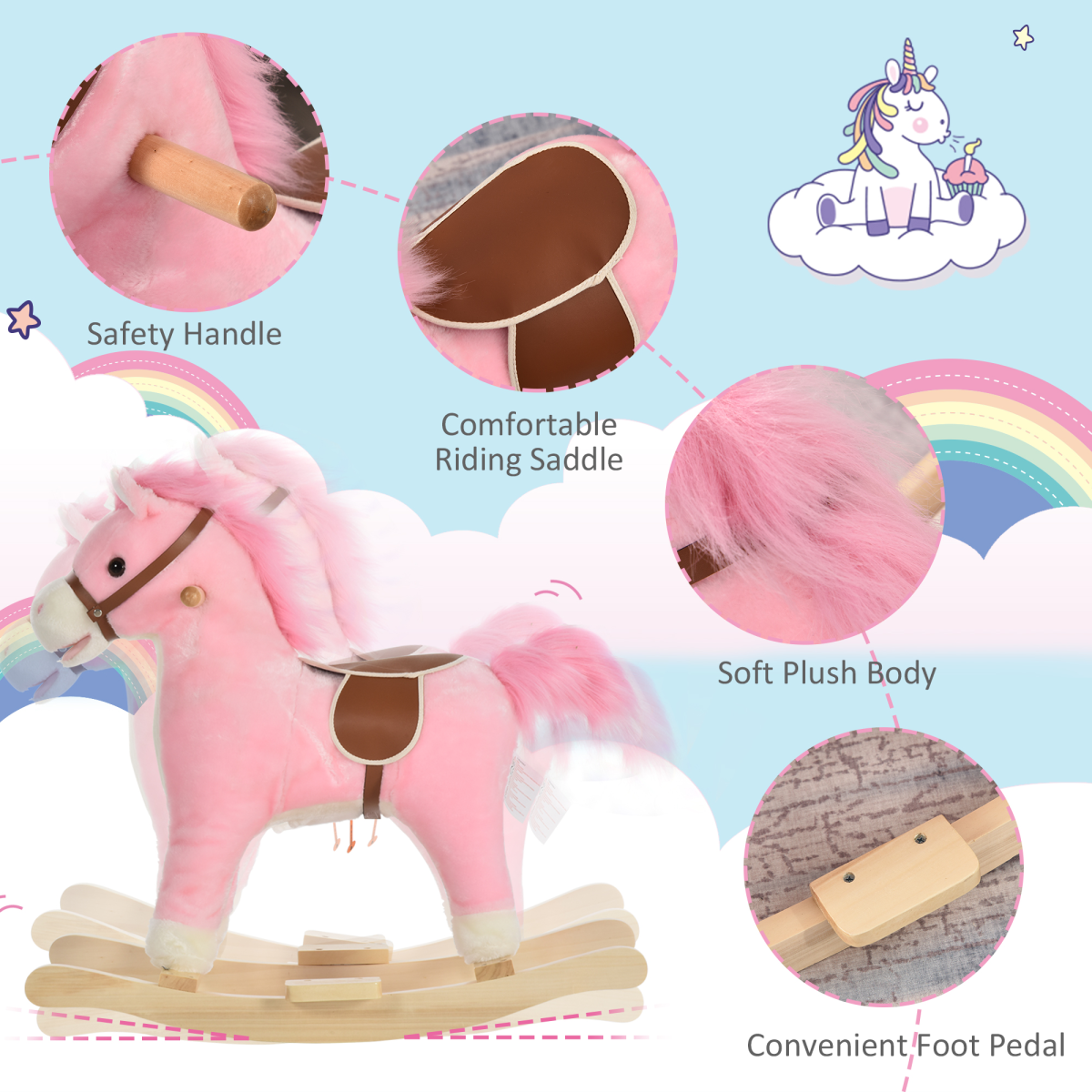HOMCOM Plush Rocking Horse with Moving Mouth, Wagging Tail & Sounds – Toddler Ride-On, 36-72 Months, Pink