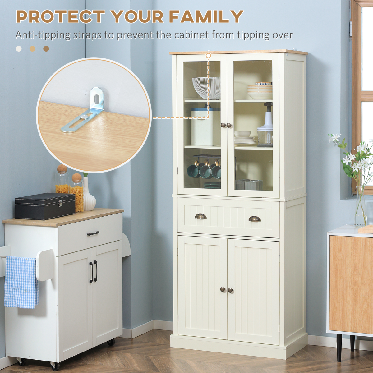 HOMCOM 5-Tier Kitchen Pantry Cupboard with Adjustable Shelves & Doors – Freestanding Storage, Cream
