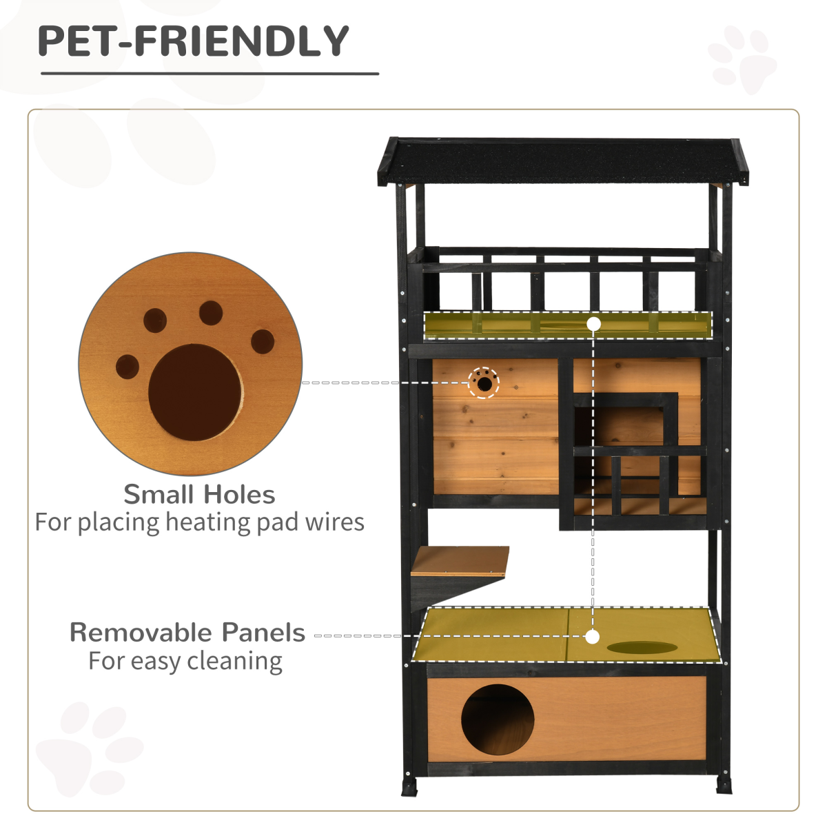 PawHut Wooden Outdoor Cat House with 3 Tiers, Tilted Roof and Balconies – Kitten Shelter, Yellow