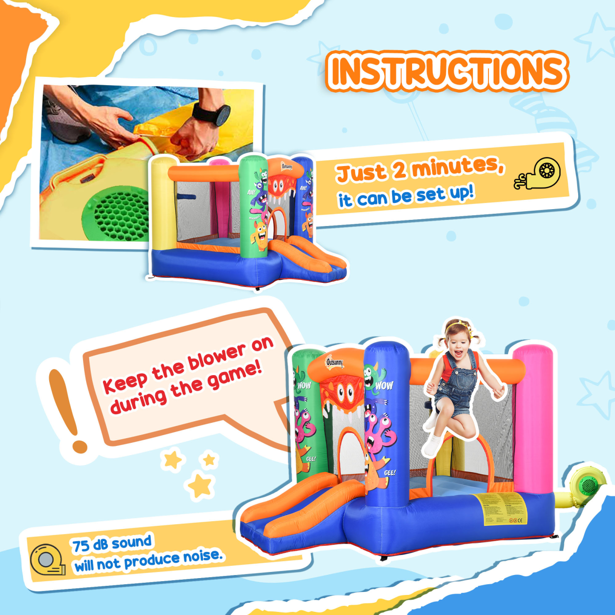 Monster-Themed Bouncy Castle with Slide, Trampoline & Basketball Net – Compact Garden Inflatable with Blower