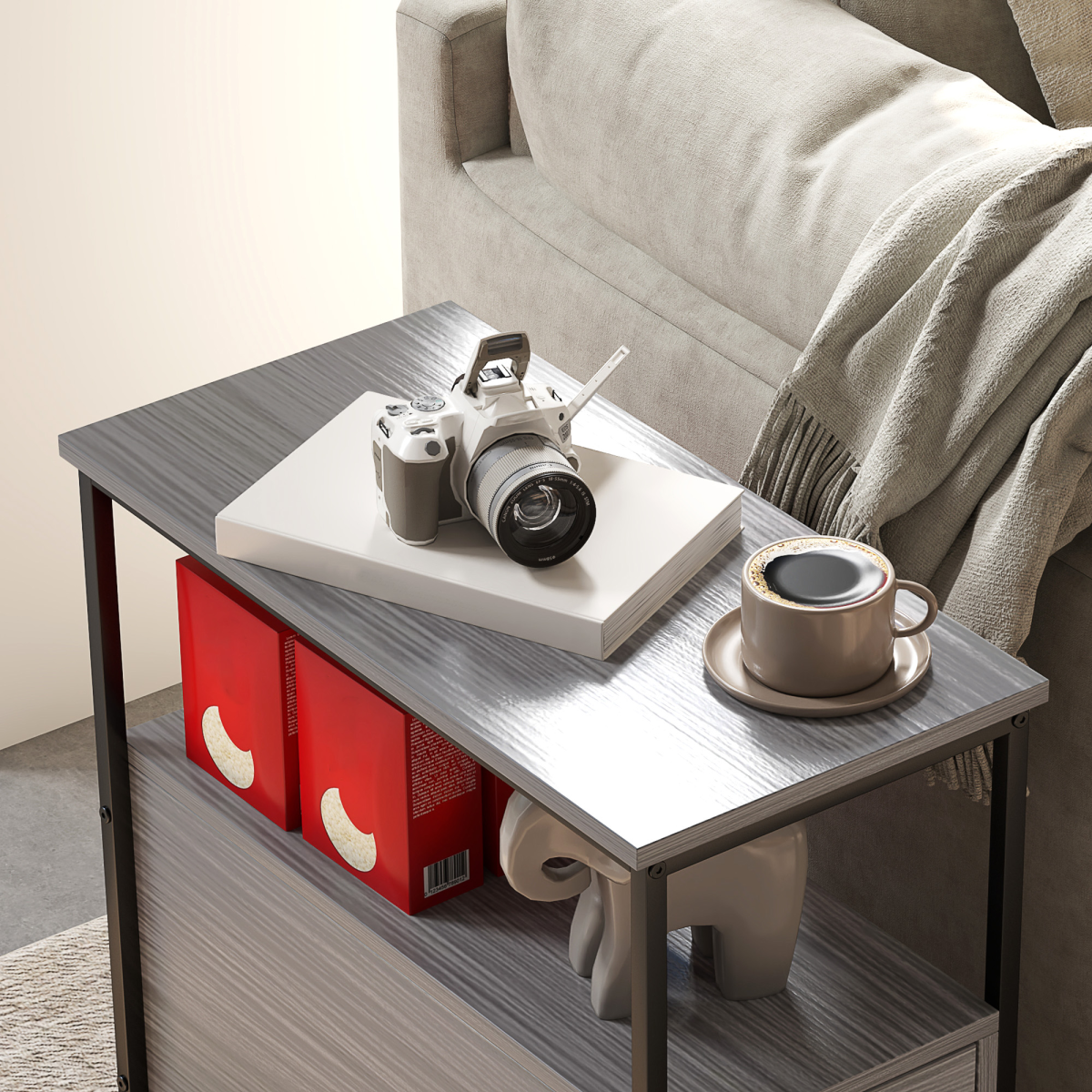 HOMCOM Narrow End Table with 2 Drawers and Storage Shelves – Industrial Sofa Side Table, Grey