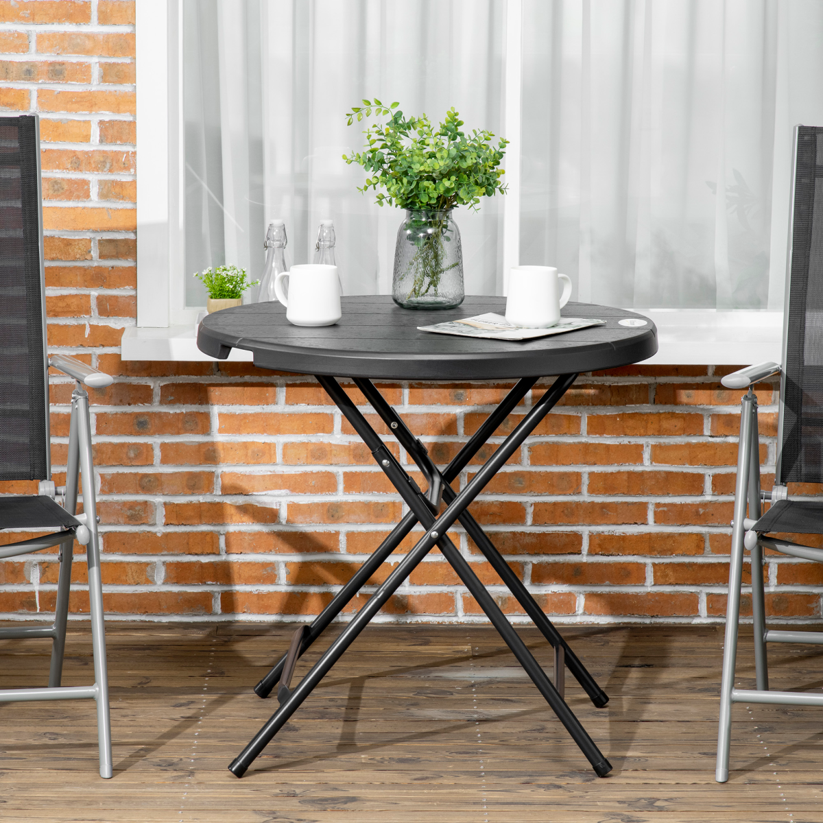 Outsunny Foldable Round Garden Dining Table for 4 with Steel Frame & Wood-Effect Top – Space-Saving Outdoor Table