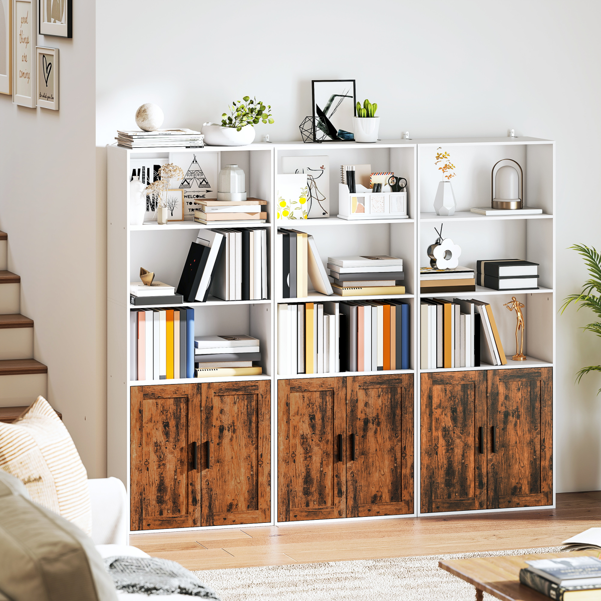 HOMCOM 5-Tier Bookcase with Double-Door Cupboard and Adjustable Shelf – Tall Storage Bookshelf, Rustic Brown