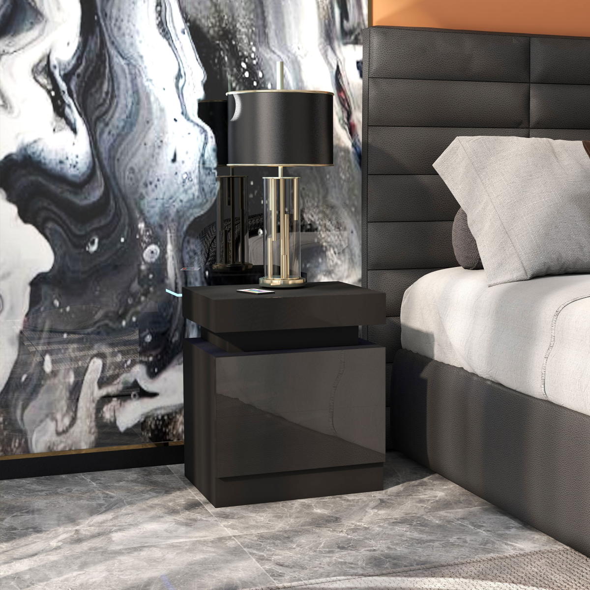 HOMCOM High Gloss Bedside Table with LED Light and 2 Drawers – Remote-Controlled Side Table, Black