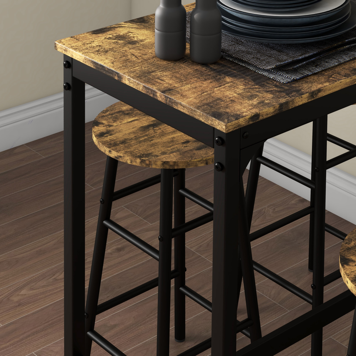 HOMCOM 5 Piece Industrial Bar Table & Stools Set with Footrests – Breakfast Bar Dining Set, Rustic Brown
