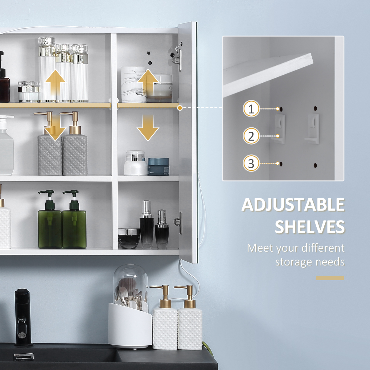 kleankin LED Illuminated Bathroom Mirror Cabinet with Touch Switch – Wall-Mounted Storage, Mirrored Doors