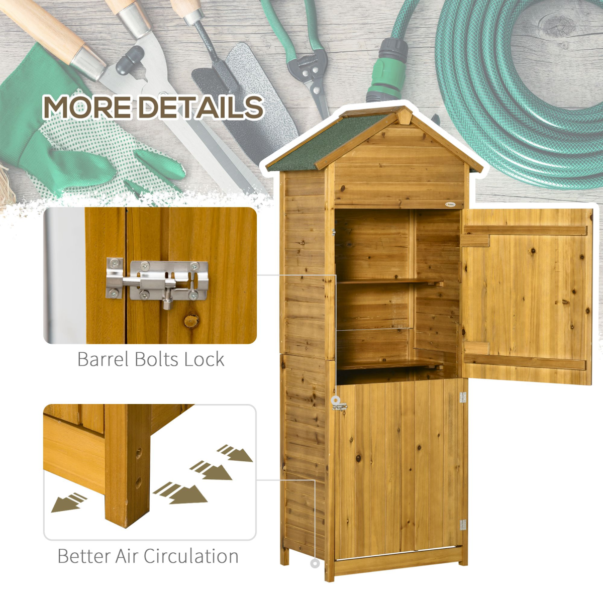 Outsunny Wooden Garden Storage Shed Tool Cabinet with Two Lockable Doors & Shelves – Fir Wood, 191.5cm