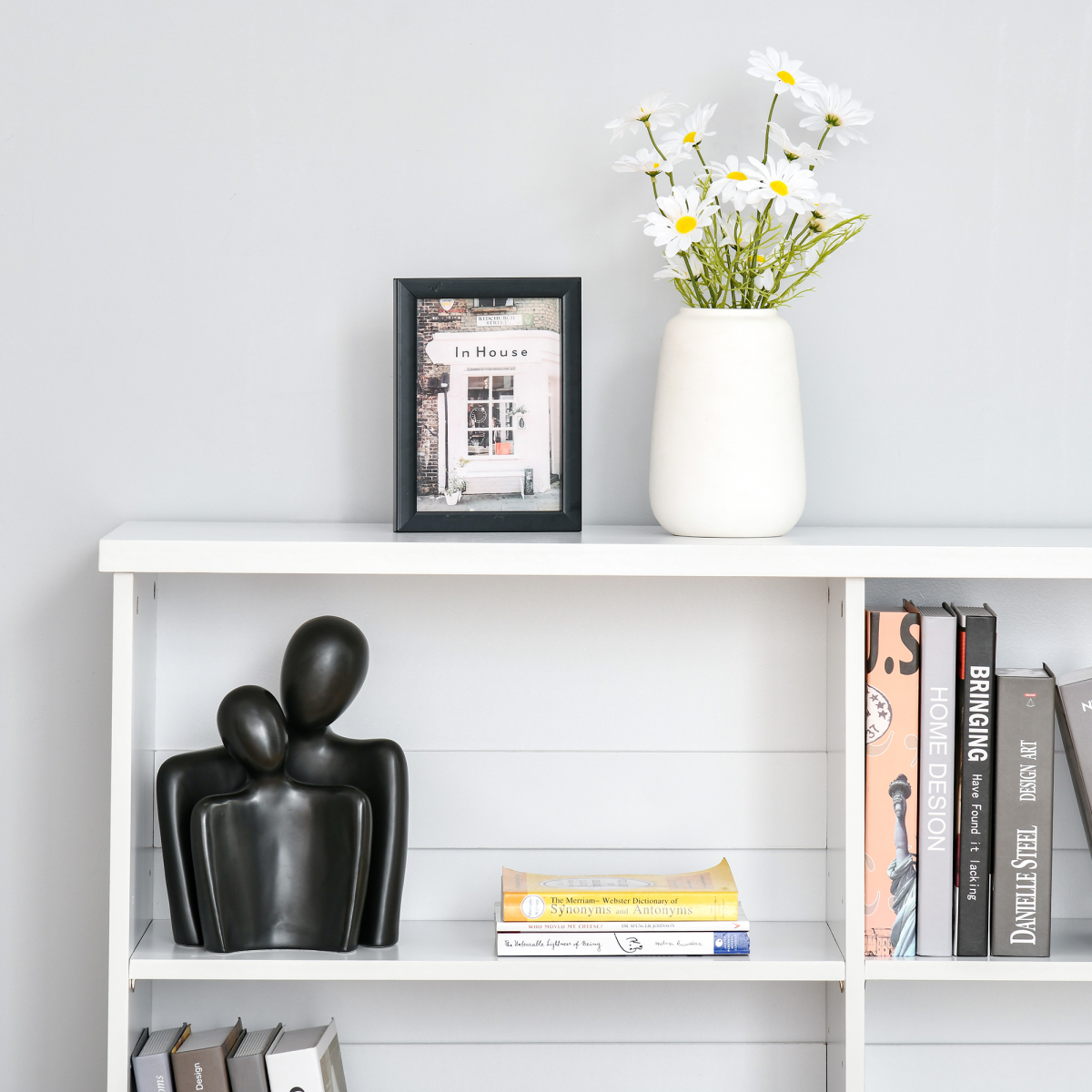 Modern 4-Compartment Low Bookcase with Adjustable Shelves and Anti-Tipping Straps – Cube Display Unit, White
