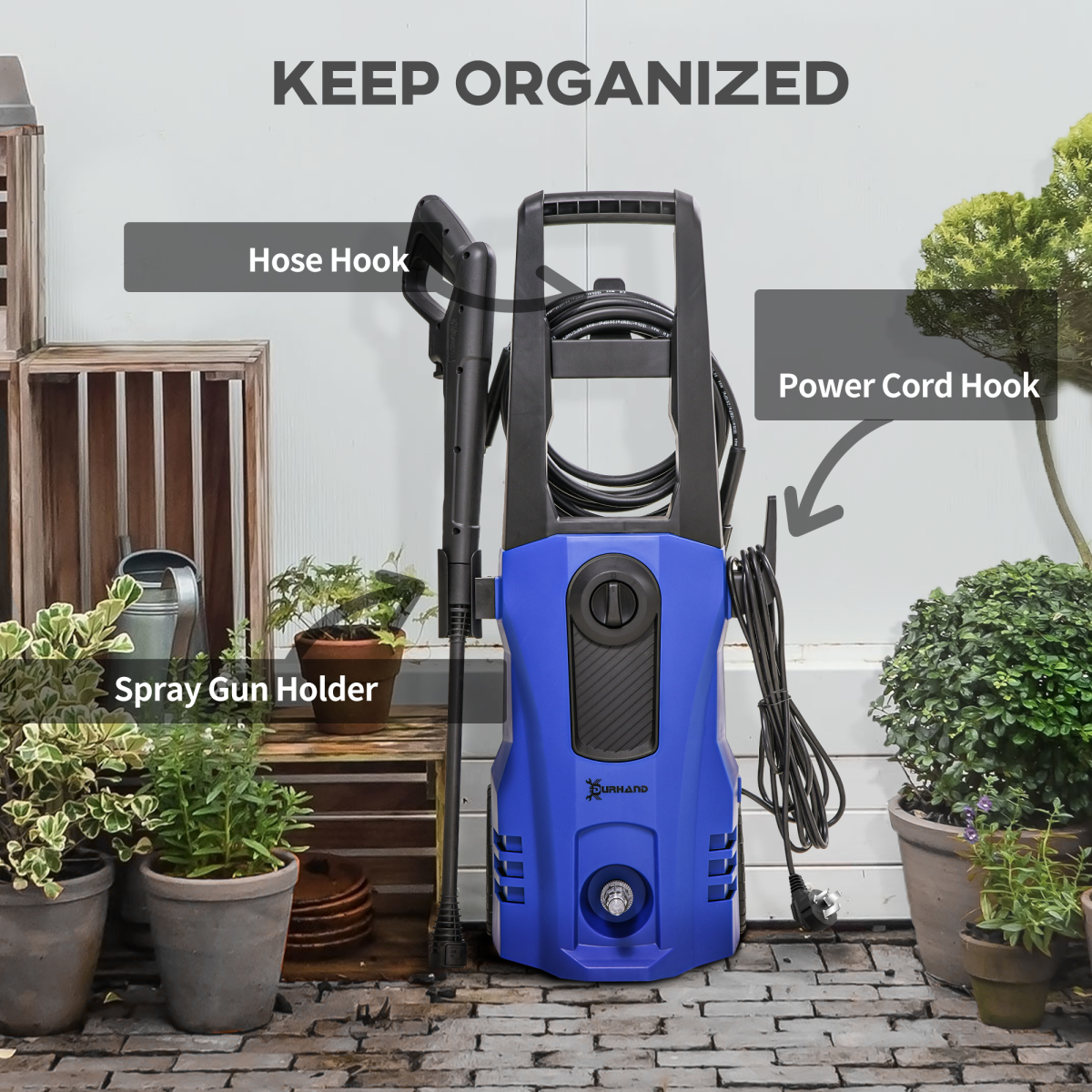 DURHAND 1800W Pressure Washer, 150 Bar, 510 L/h with Snow Foam Bottle & Hose Reel – Car & Patio Cleaner, Blue