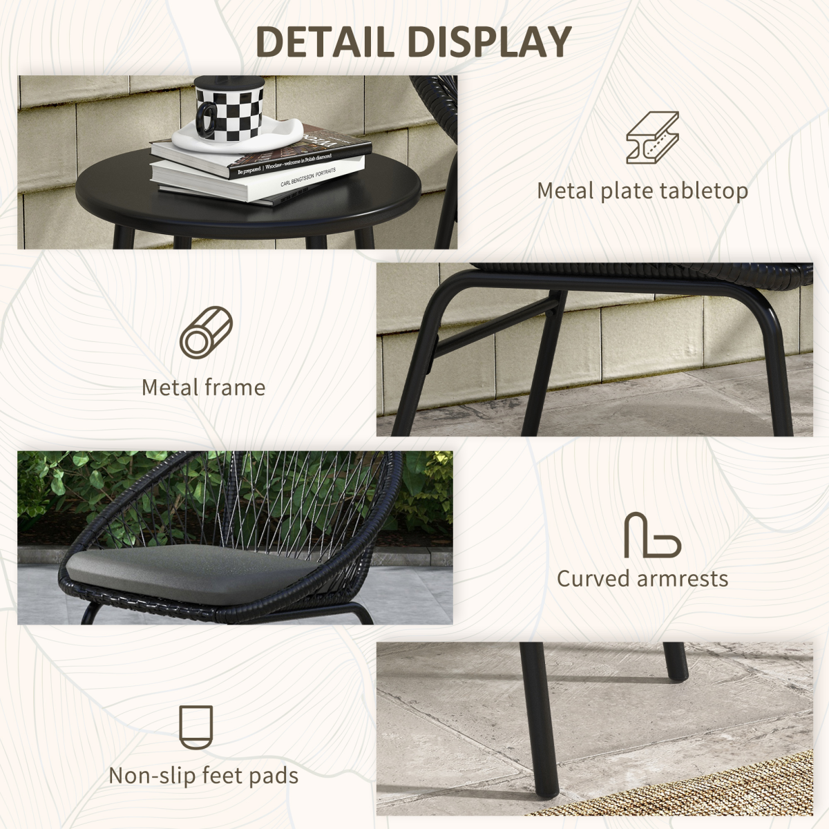 Outsunny 3-Piece Wicker Bistro Set with 2 Round Chairs, Padded Cushions & Metal-Top Coffee Table – Patio Balcony Furniture, Black/Dark Grey