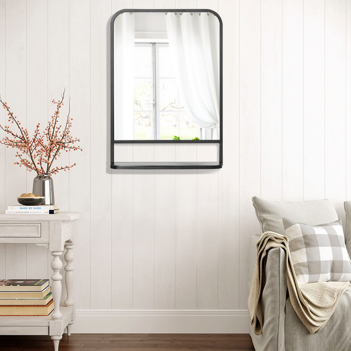 Square Wall Mirror 70 x 50cm with Bottom Shelf – Black Metal Frame for Bathroom, Hallway or Makeup