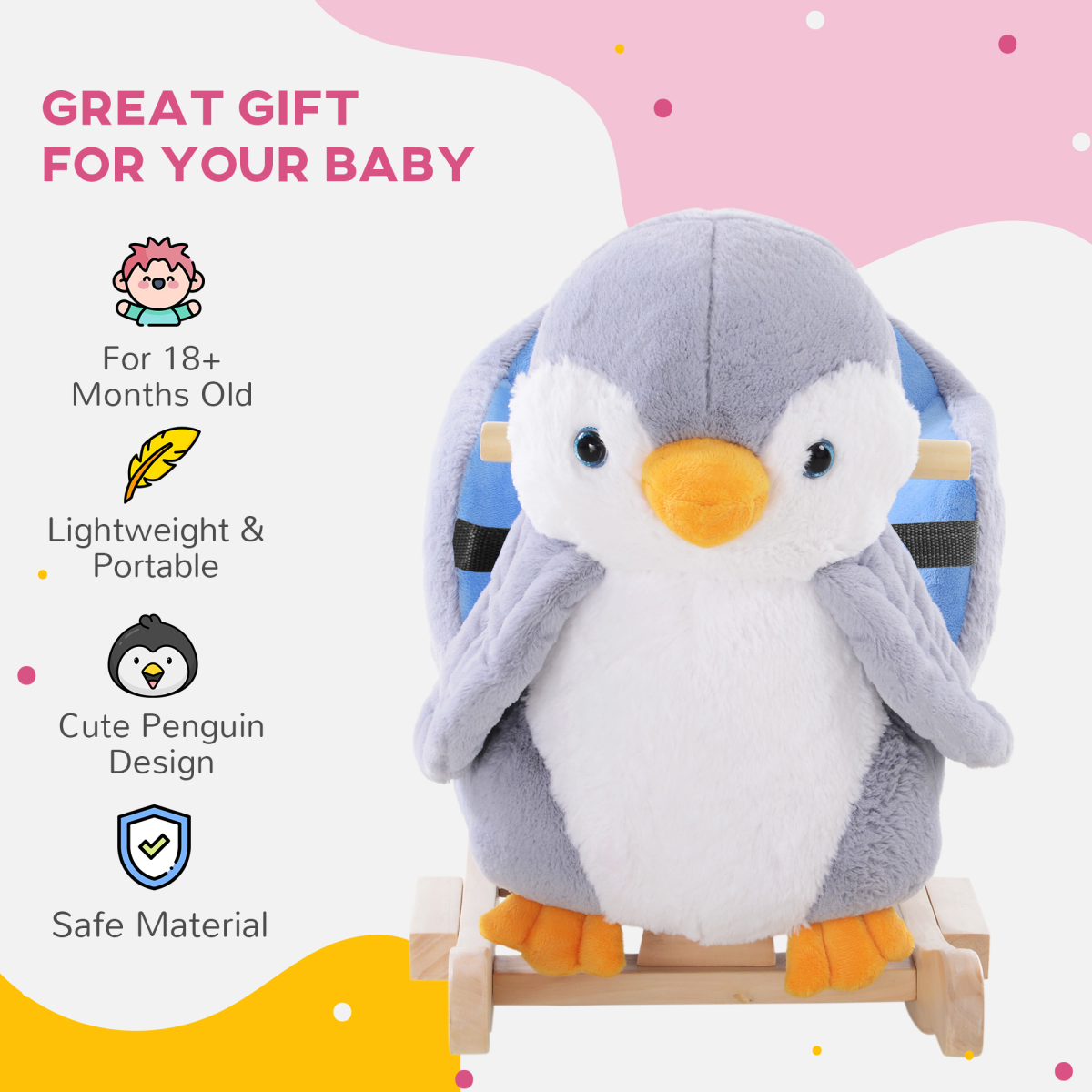 HOMCOM Baby Rocking Penguin with Plush Seat & 32-Song Musical Button – Wooden Ride-On Toy for 18 Months+