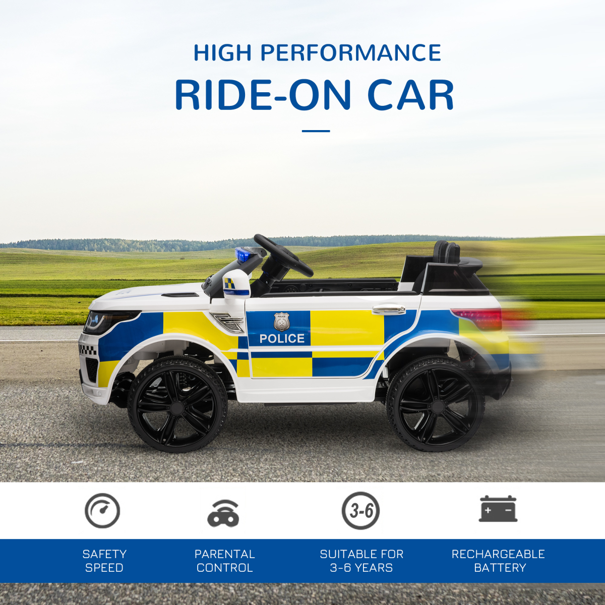 HOMCOM 12V Kids Electric Ride-On Police Car with Remote Control, Siren and Bluetooth – For 3-6 Years