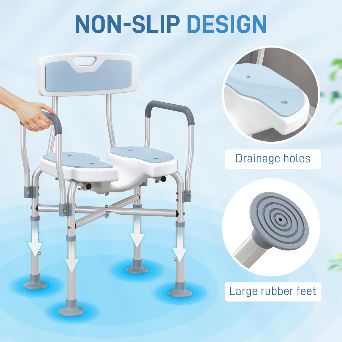 HOMCOM Padded Bath Chair with Slotted Seat and Adjustable Height – Aluminium Shower Seat with Handles