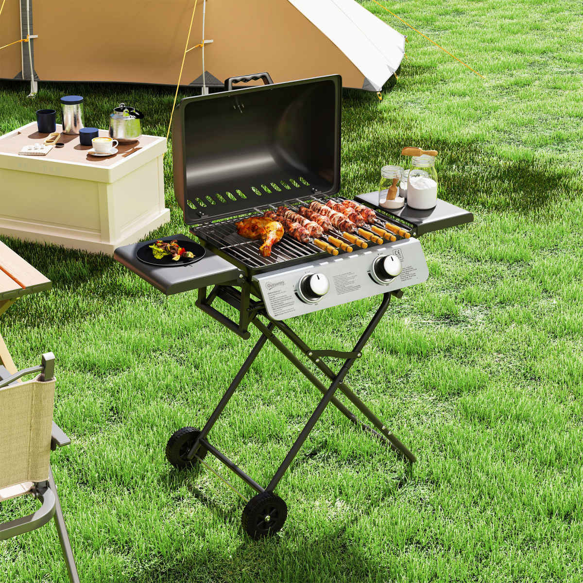Outsunny Portable Foldable Gas Barbecue Grill with Lid and Thermometer, Two Burners – Suitcase BBQ, Black