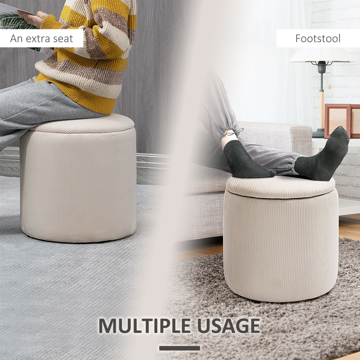 HOMCOM Set of 2 Fabric Storage Ottomans with Removable Lids – Hidden Storage and Extra Seating, Cream White