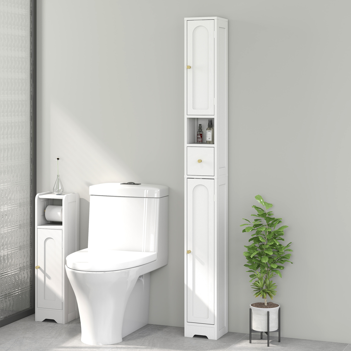 HOMCOM 20cm Slim Bathroom Storage Cabinet with Arched Doors, Drawer & Adjustable Shelves, White