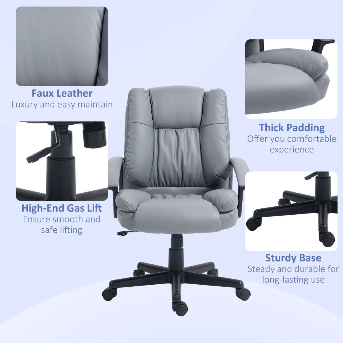 HOMCOM Faux Leather Mid Back Home Office Chair with Arms, Rocking Function & Height Adjustment – Light Grey