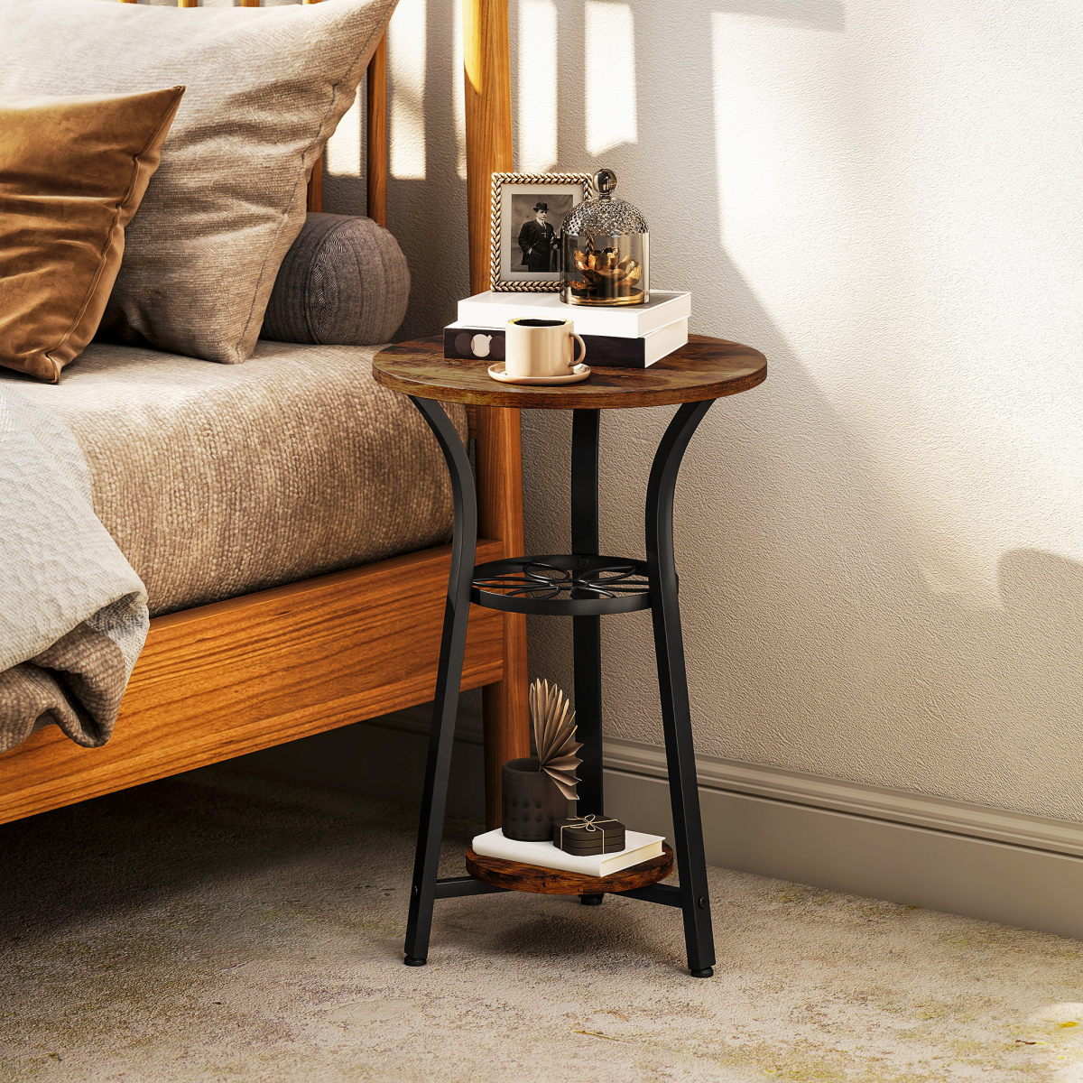 HOMCOM 3-Tier Round Side Table, 38 cm Industrial End Table with Metal Legs – Compact, Rustic Brown