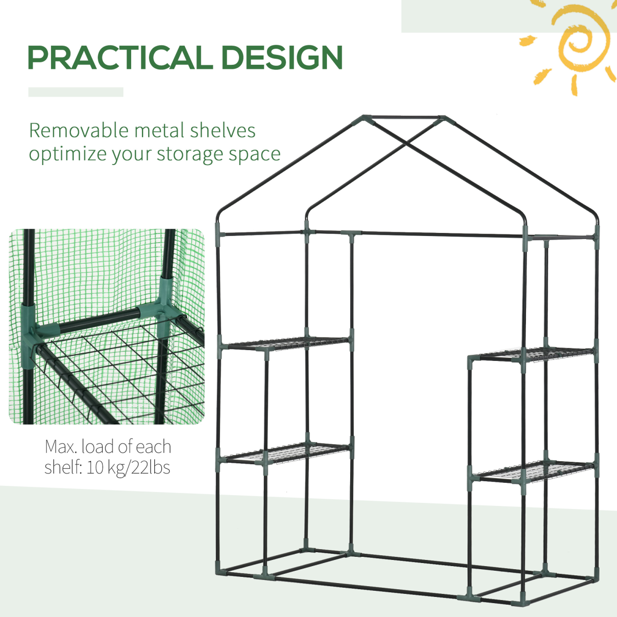 Outsunny Walk-In Greenhouse with 2 Tier Shelves, Roll-Up Zipped Door & PE Cover, 141 x 72 x 191cm – Green