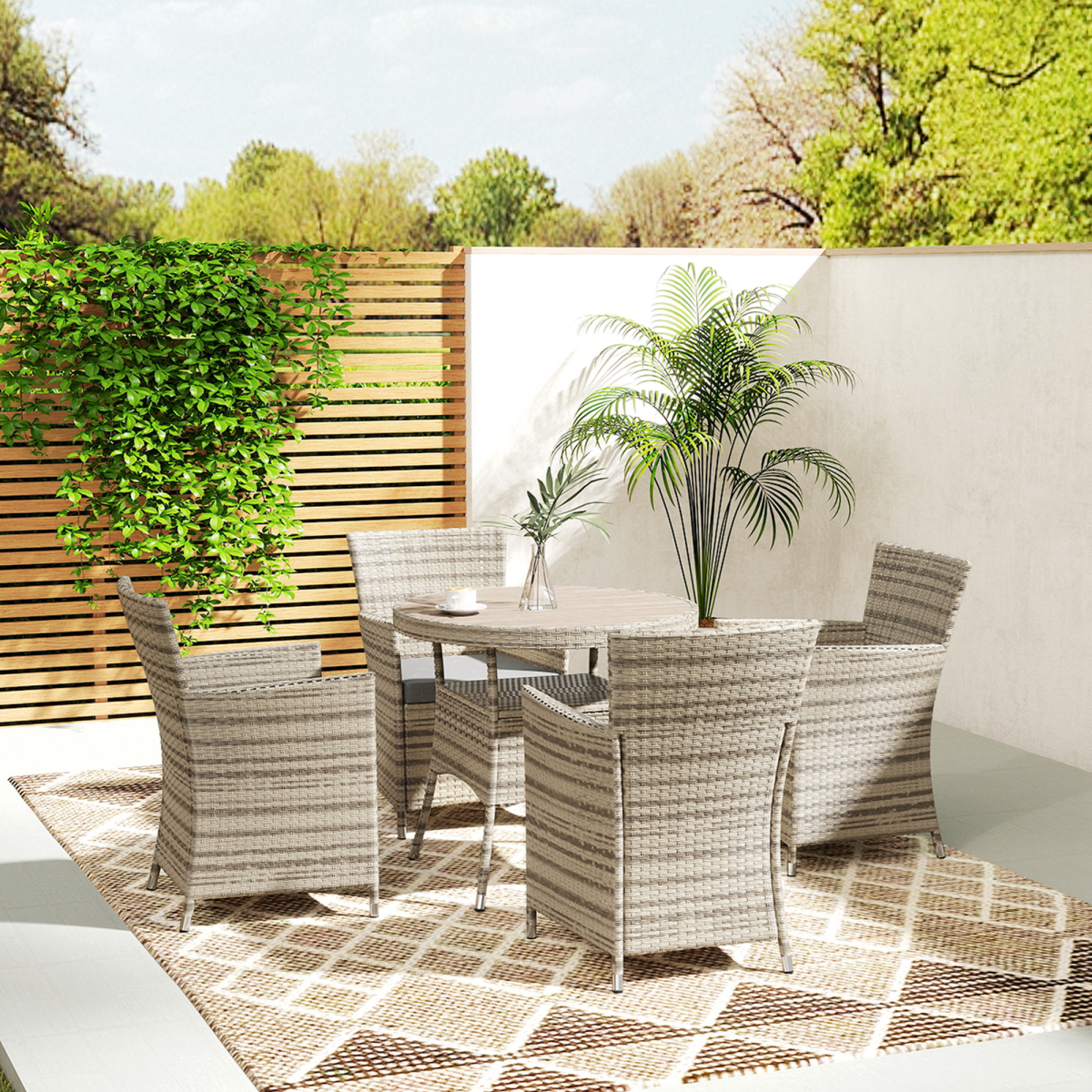 Outsunny 5-Piece Rattan Dining Set for 4 with Cushioned High-Back Chairs & Two-Tier Table – Patio, Grey