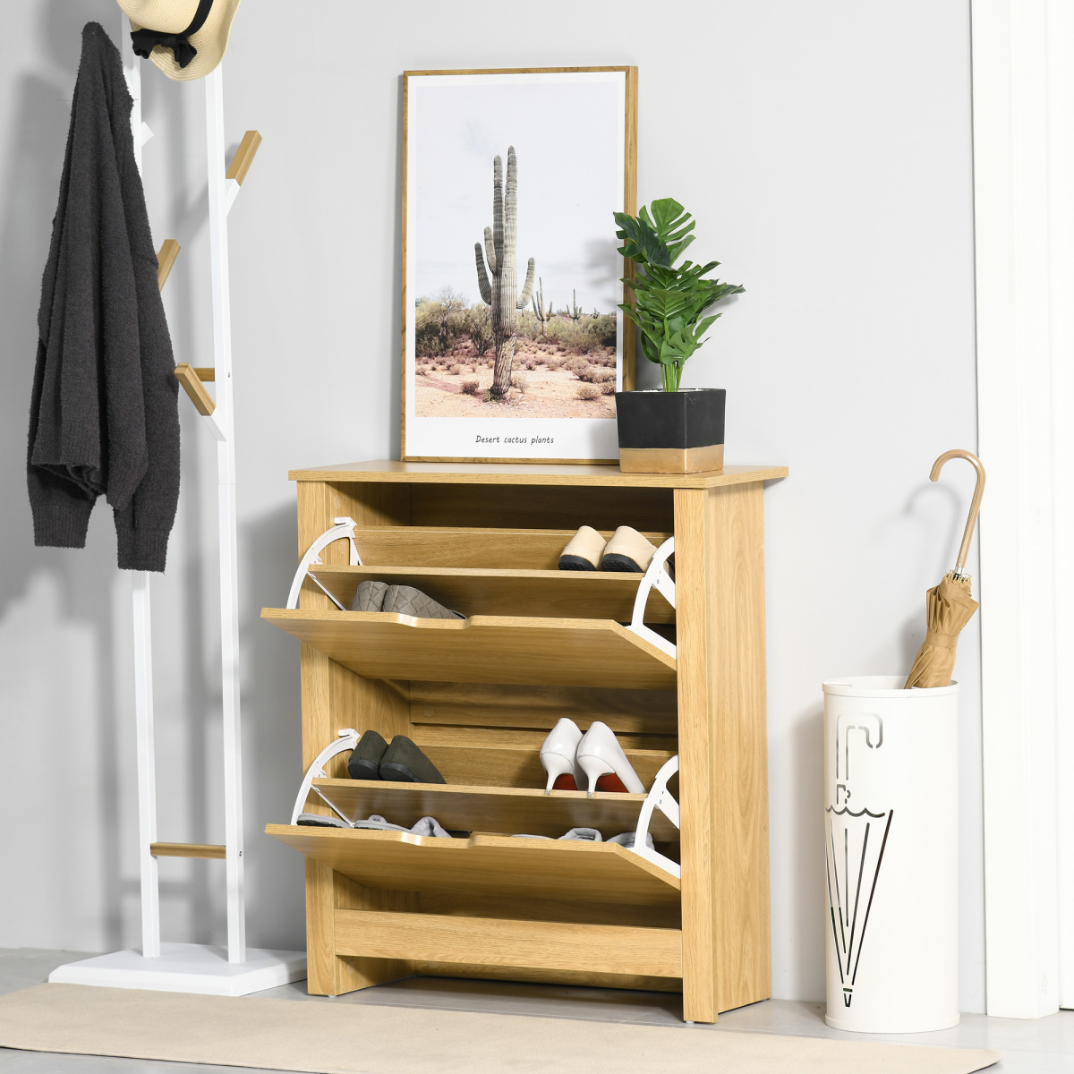 12-Pair Shoe Storage Cabinet with 2 Pull-Out Drawers & Tabletop, Oak Effect, 80 x 72 x 26cm